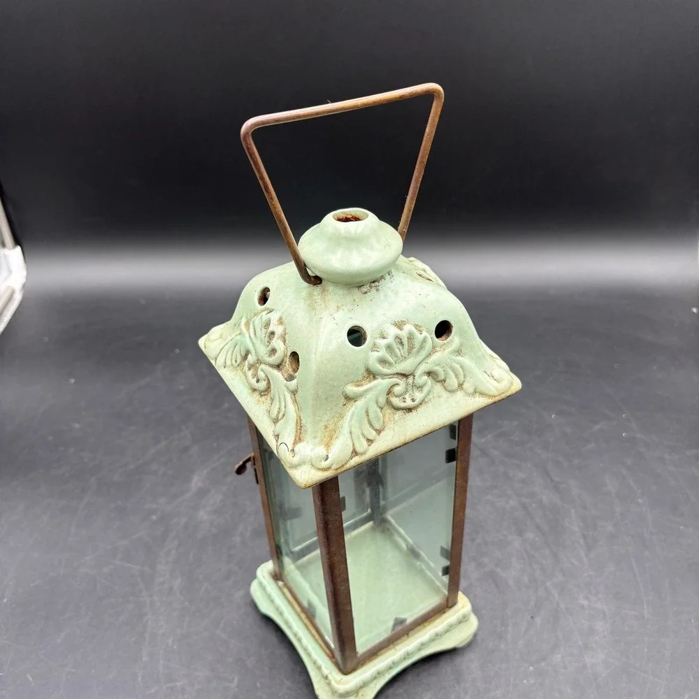 Vtg Heavy Sage Green Ceramic and Metal Glass Candle Lantern Rustic Decor Patina